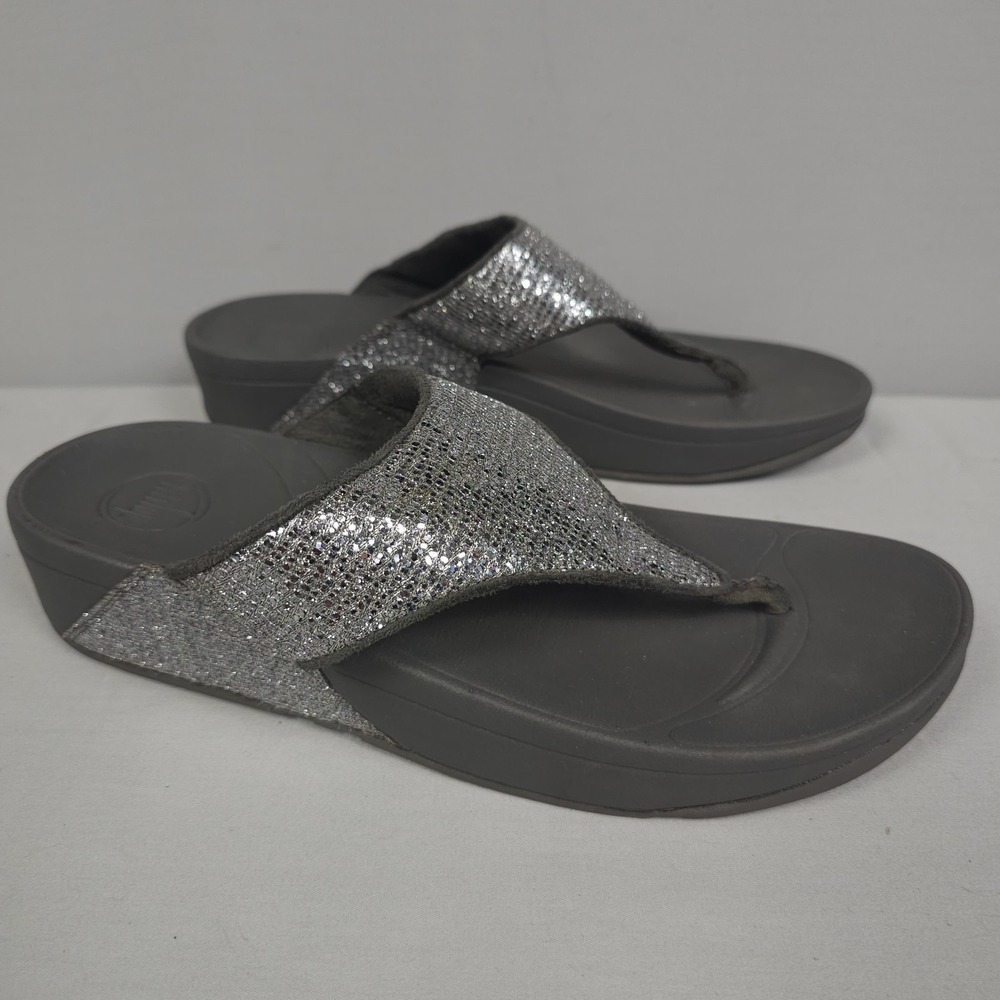 Fitflop Lulu Superglitz Sandal Women 10 Gray Silver Glitter Metallic Thong Slide